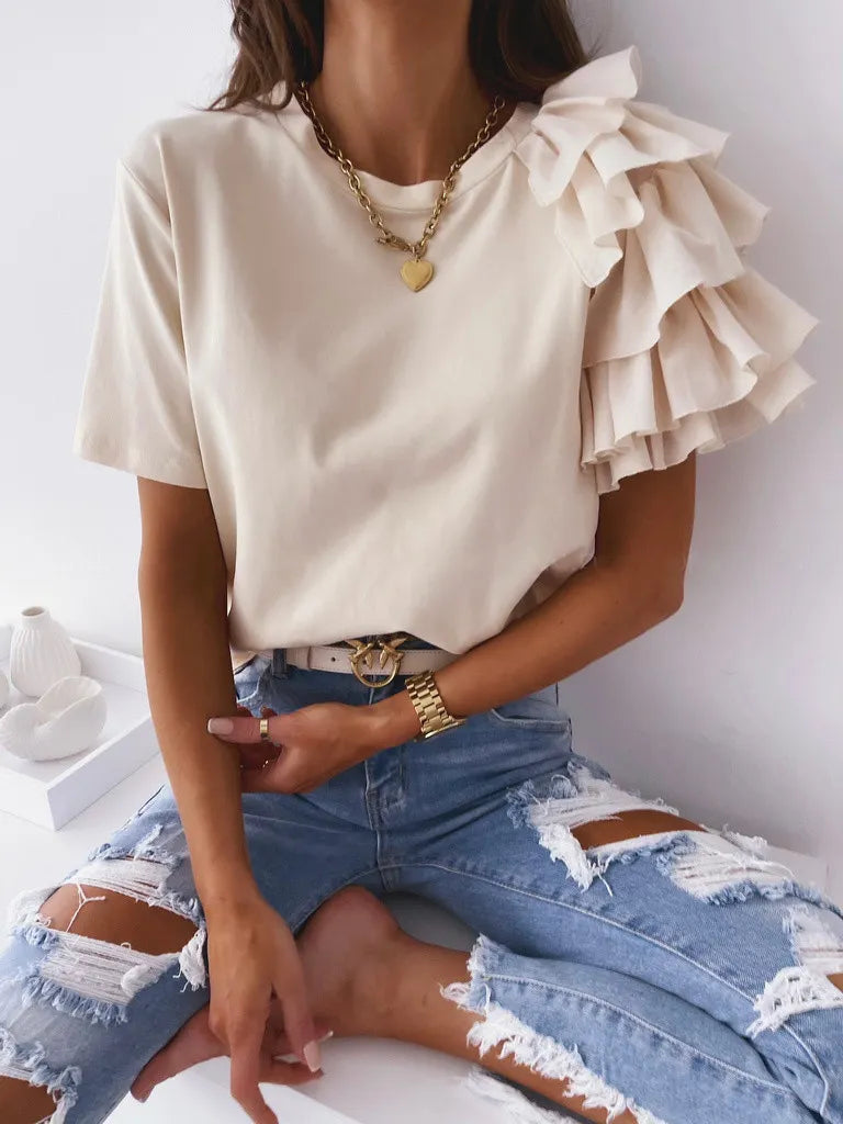 One Shoulder Ruffle Sleeve T-Shirt
