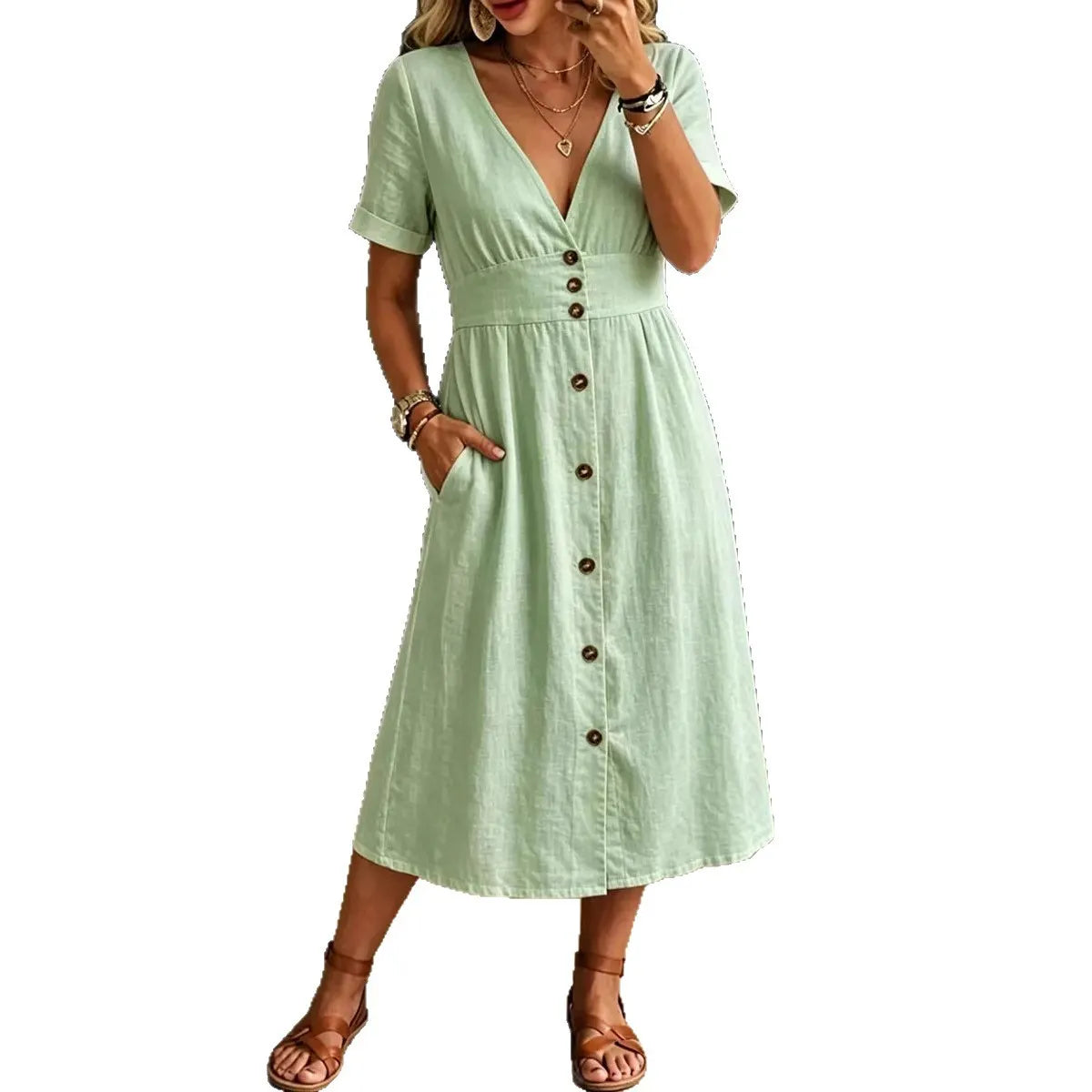 V-Neck Button Front Short Sleeve Midi Dress