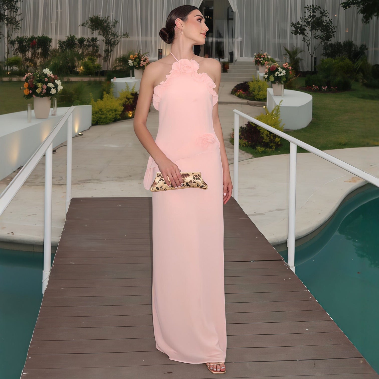 Pink 3D Floral Halter Neck Maxi Dress