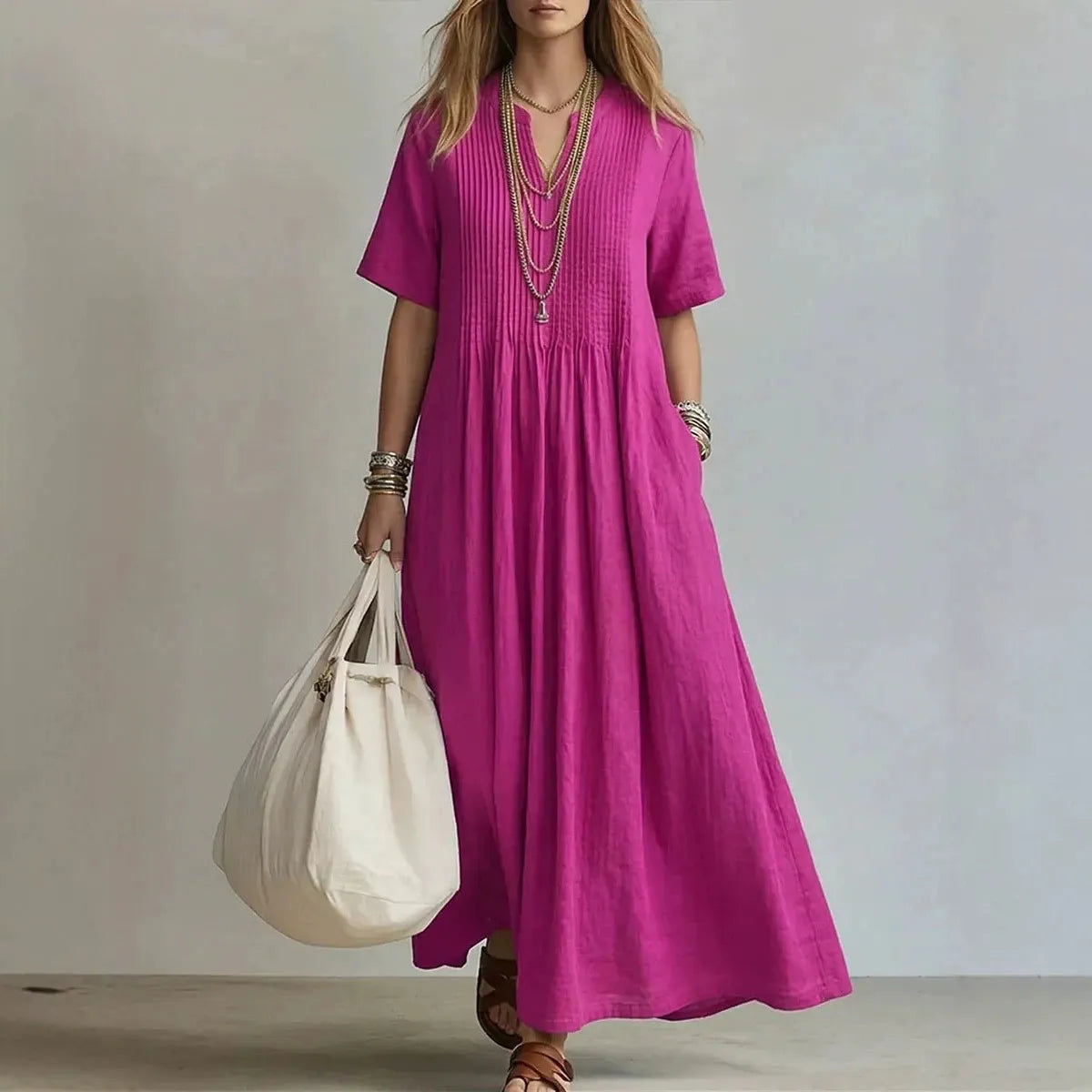 V‑Neck Short Sleeve Cotton Linen Loose Maxi Dress