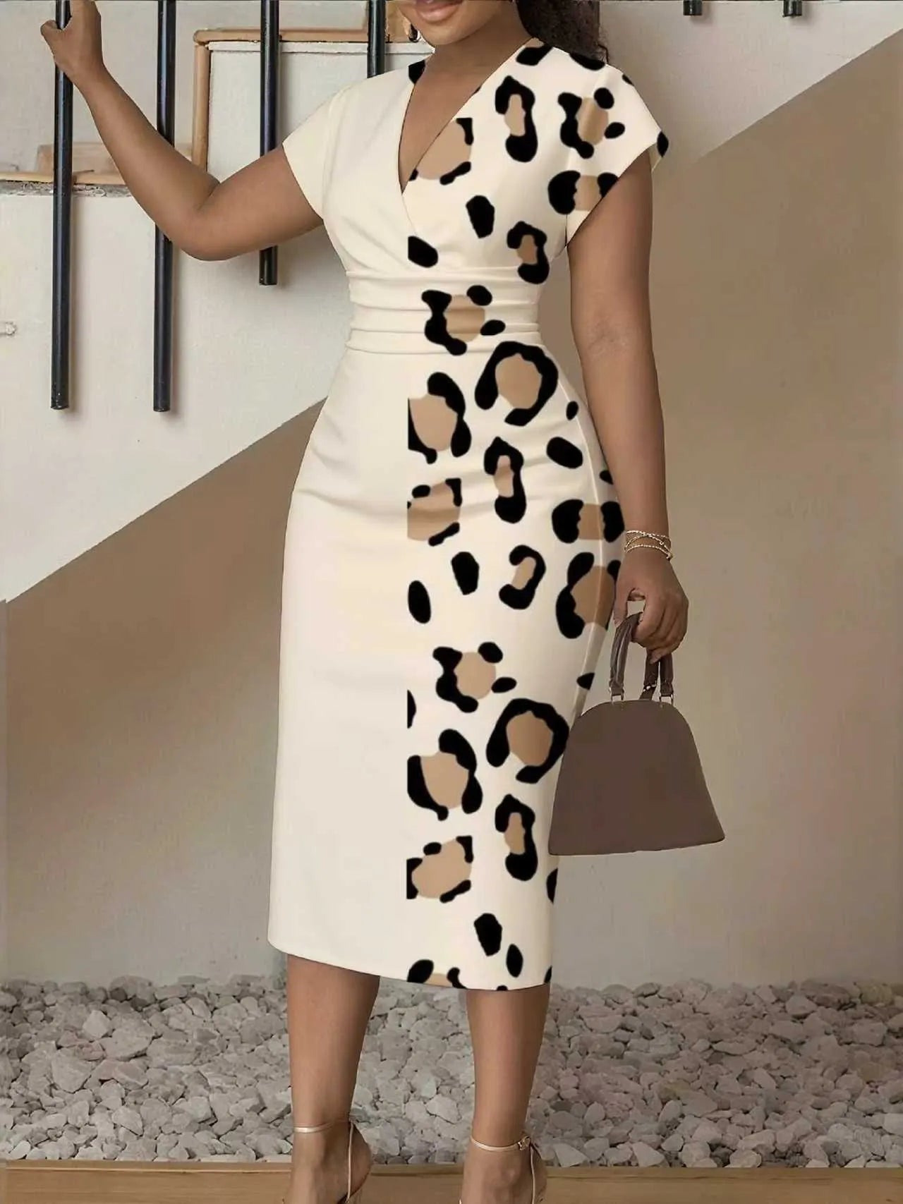 3D Stereoscopic Color Block Deep V-Neck Bodycon Midi Dress