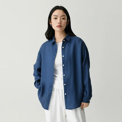 Solid Linen Basic Oversized Collar Long Sleeve Shirt