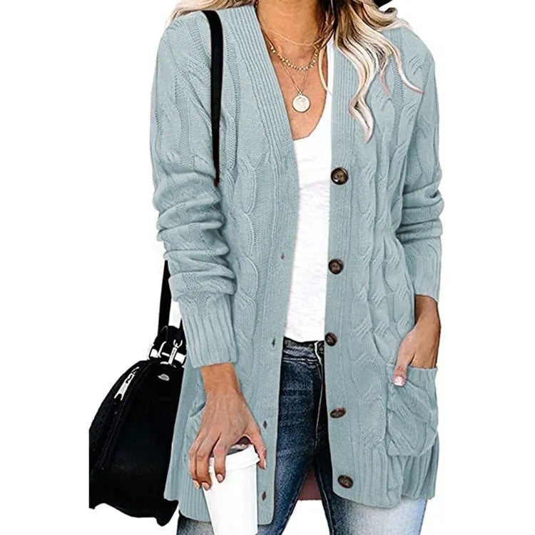 Casual Long Sleeve Cable Knit Cardigan Ladies Mid Length Open Front Button Sweater Jacket
