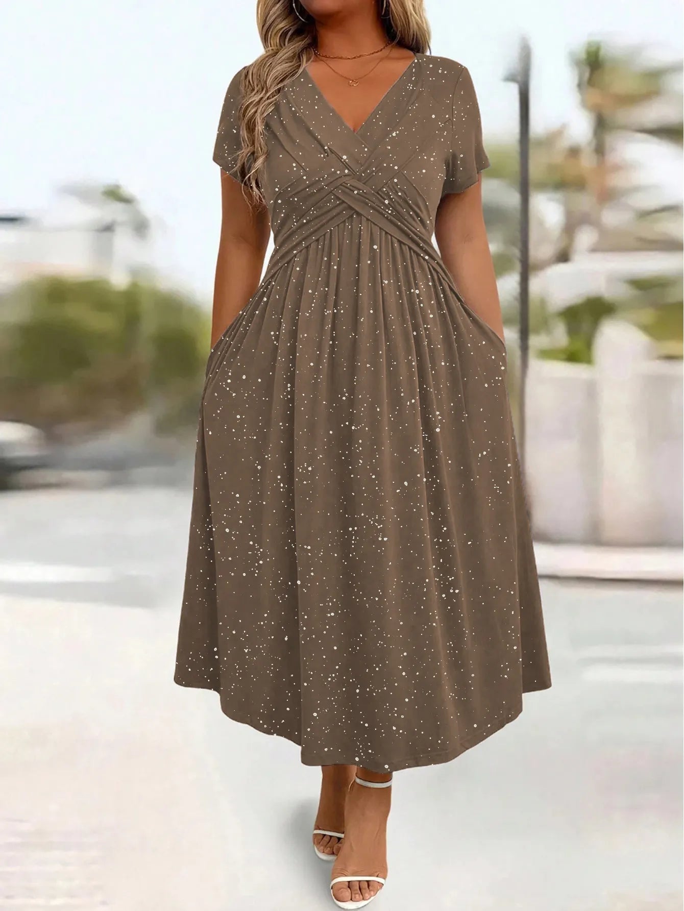 Twist Front A Line Midi Dress, Short Sleeve V-Neck Glitter Dot Print Dress with Pockets