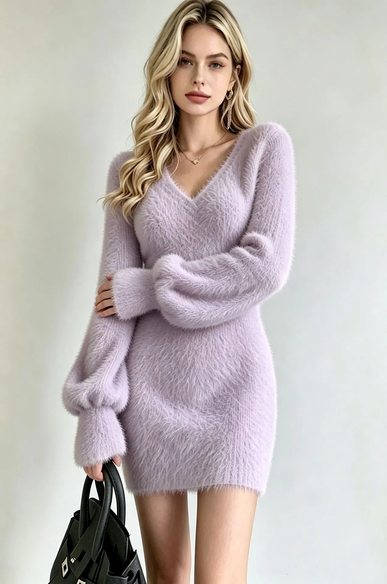 V Neck Bubble Sleeve Fuzzy Knit Mini Dress