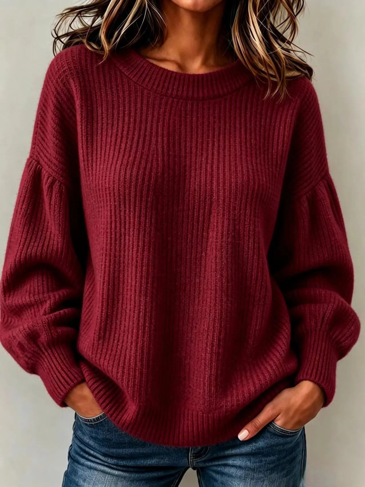 Balloon Sleeve Ribbed Hem Casual Knit Top