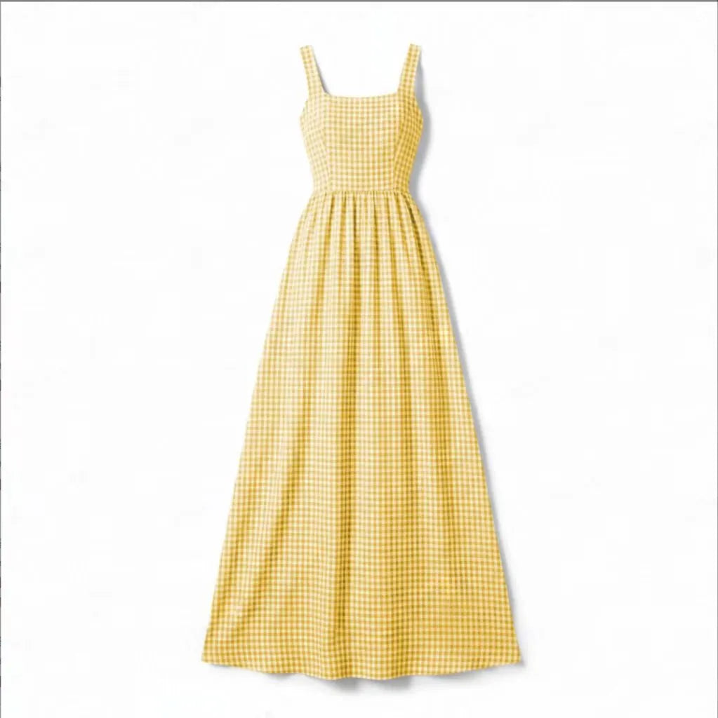 Square Neck Sleeveless Gingham Print Loose A-Line Maxi Dress