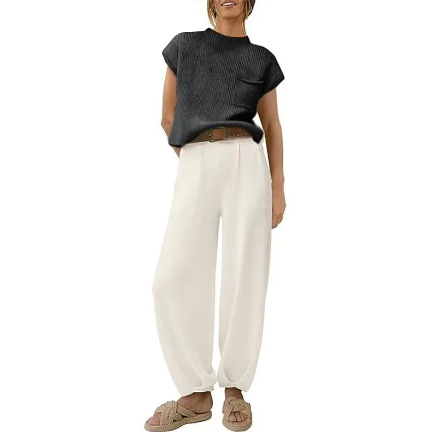 White Knit Short-Sleeve Top & Khaki High-Waisted Pants Two-Piece Set