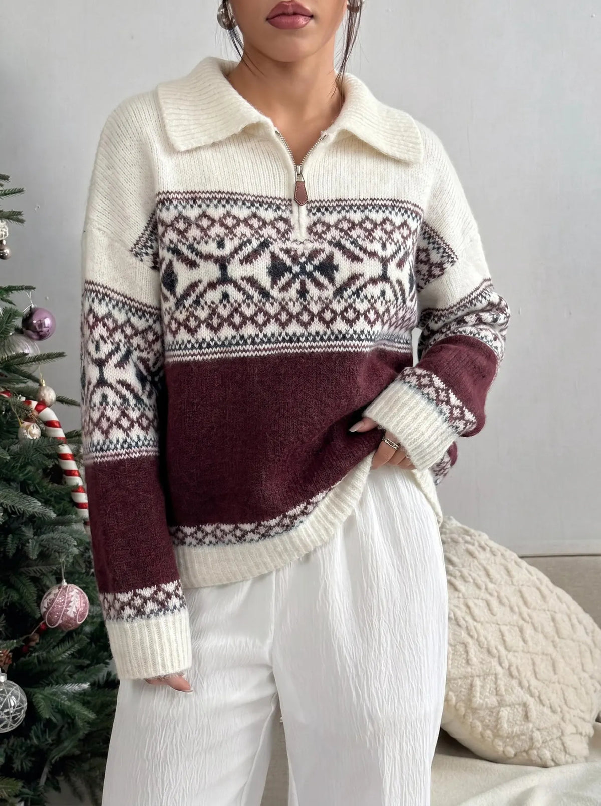 Retro Fair Isle Knit Sweater, Half Zip Lapel Collar Winter Pullover