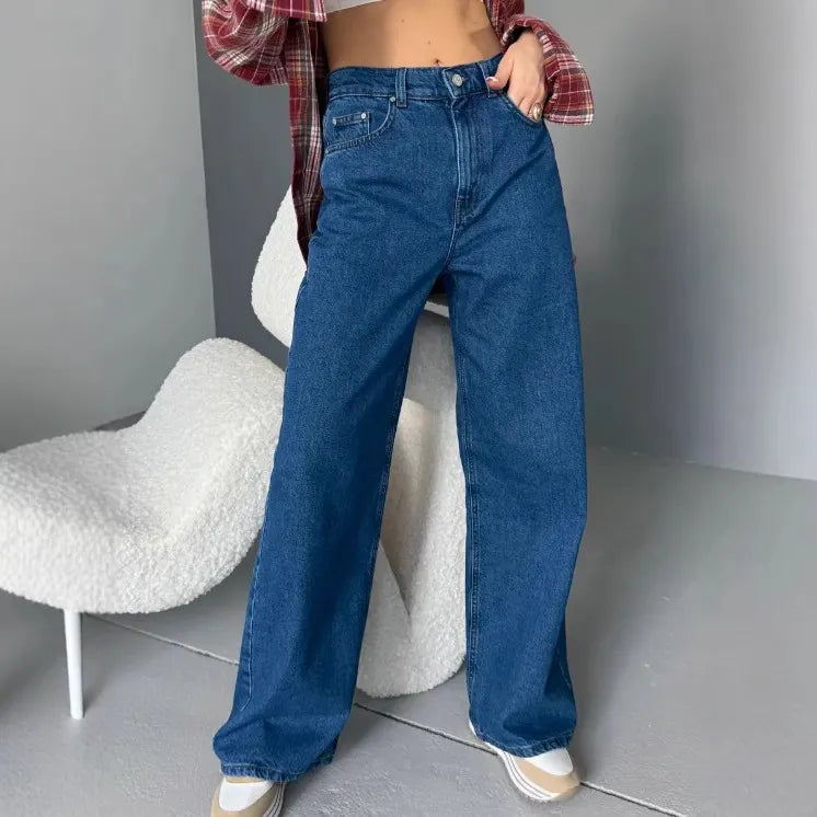 High Waist Stone Washed Dark Blue Slight Stretch Wide Leg Denim Long Jeans