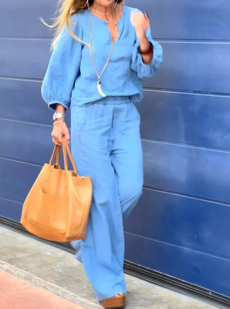 V-Neck Puff Sleeve Top & Wide Leg Pants Solid Two-Piece Casual Set