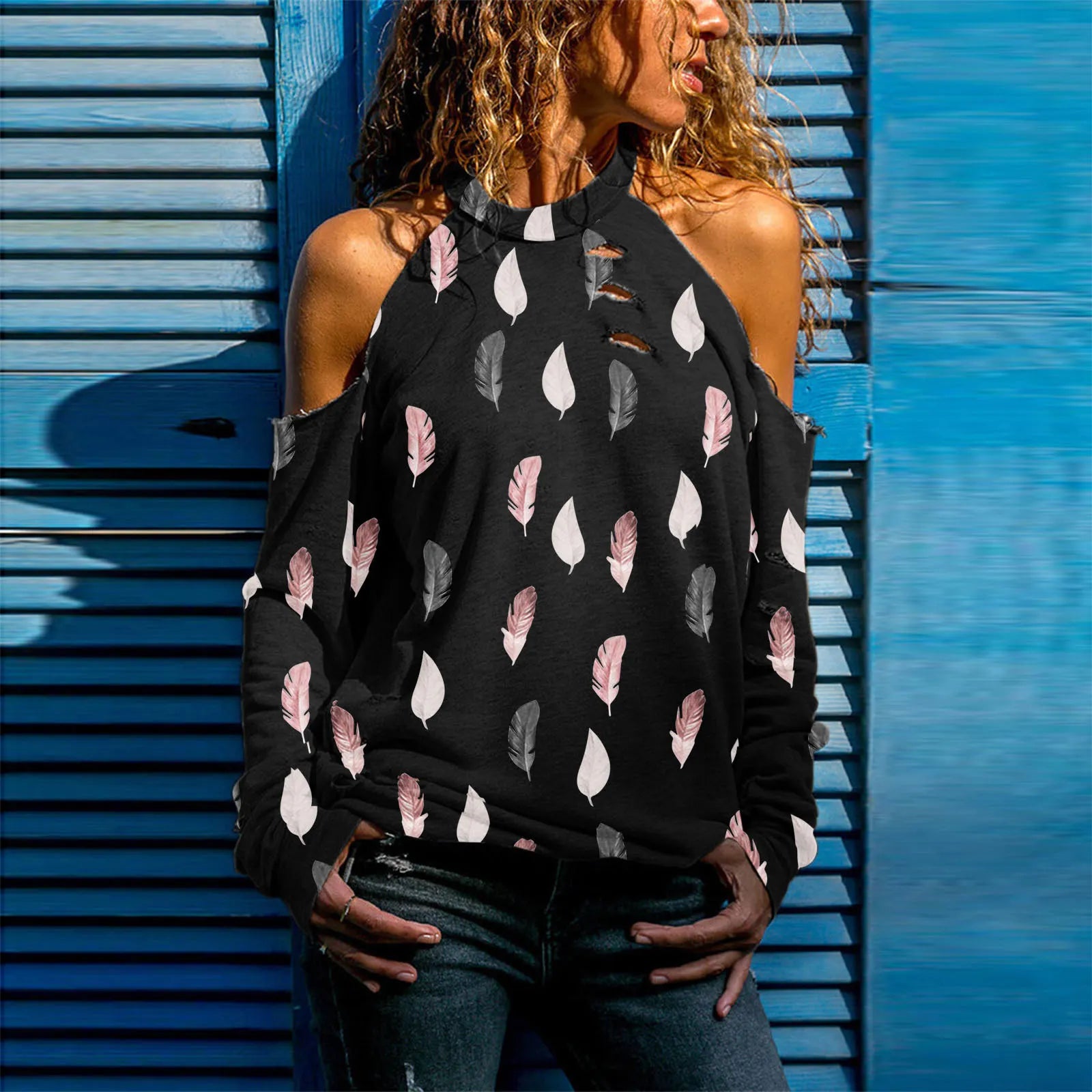 Halloween Skull Print Cold Shoulder Distressed Sweatshirt