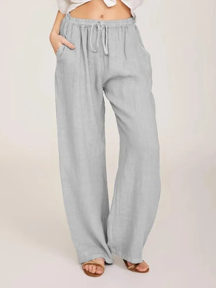 Lazy Day Outfit Blue Linen Drawstring High Waist Wide Leg Palazzo Pants
