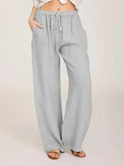 Lazy Day Outfit Blue Linen Drawstring High Waist Wide Leg Palazzo Pants
