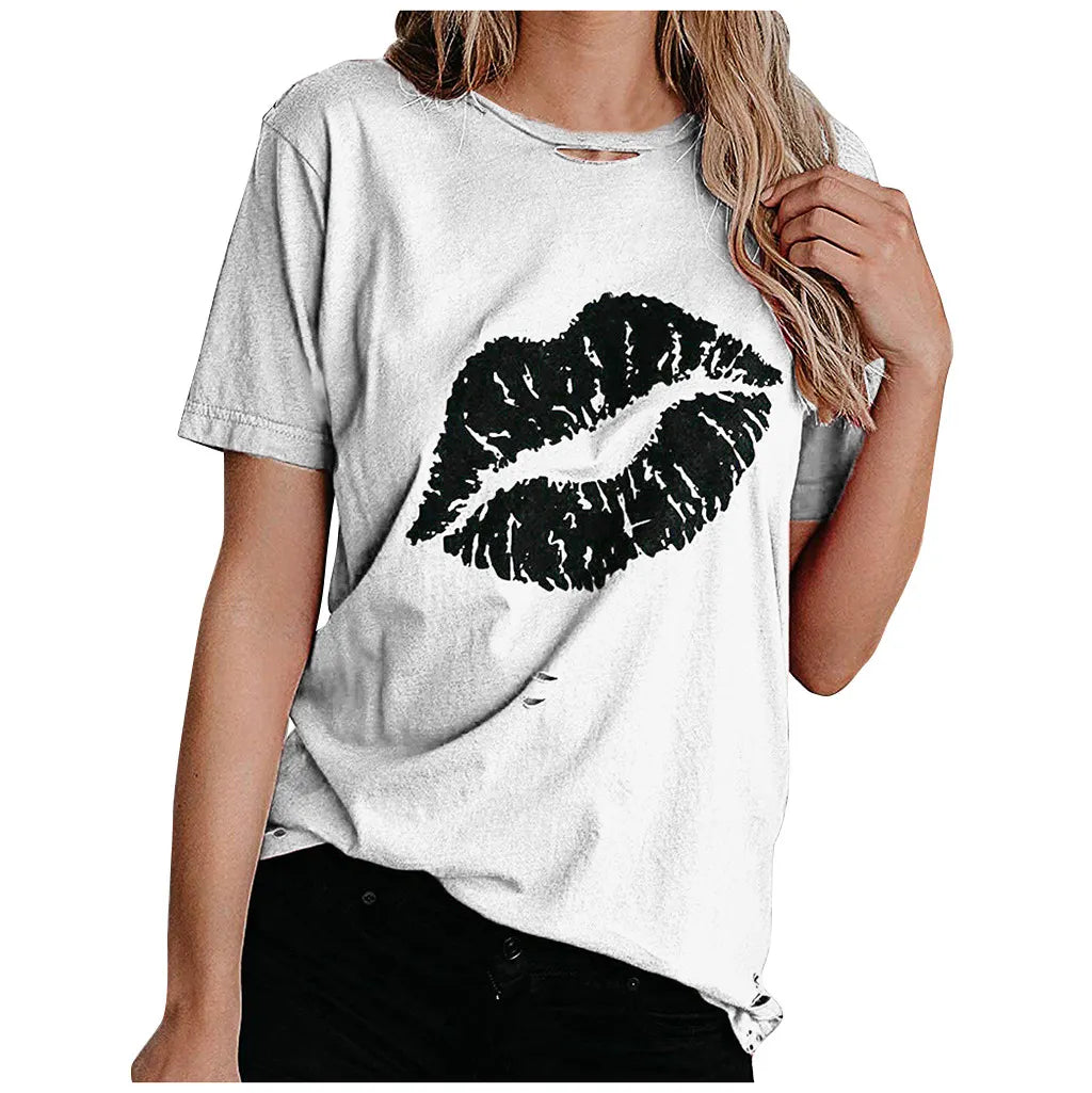 Crew Neck Hollow Out Lip Print Straight Cut Cotton Blend Short Sleeve Commuter Casual Pullover T-shirt