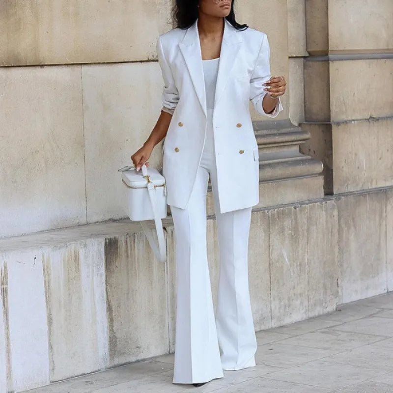 Double Breasted Blazer & High Waist Flared Pants Two Piece Commuter Suit Set