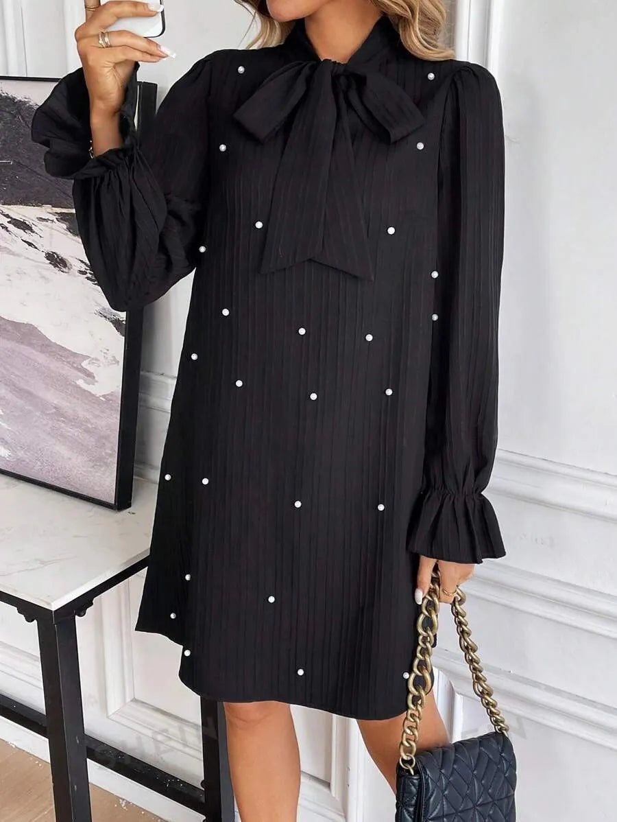 Bow Tie Pearl Long Sleeve Shift Mini Dress