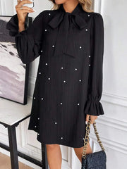 Bow Tie Pearl Long Sleeve Shift Mini Dress