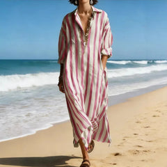 Striped Oversized Lapel Shirt Maxi Dress