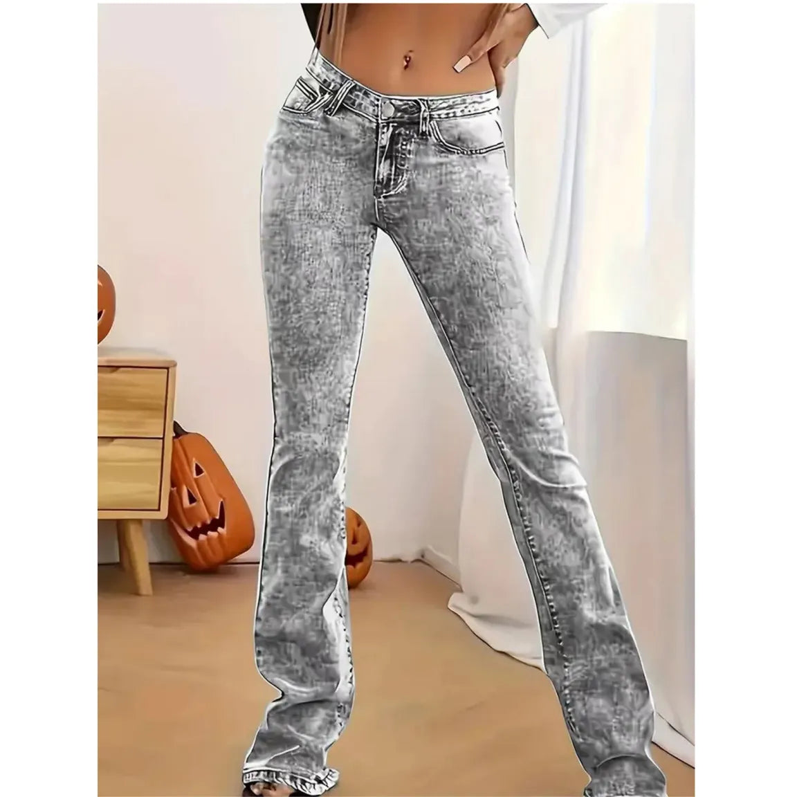 Acid Wash Grey Low Rise Flare Denim Pants