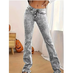 Acid Wash Grey Low Rise Flare Denim Pants