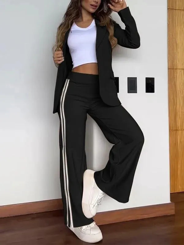 Blazer & Striped Wide Leg Pants Set