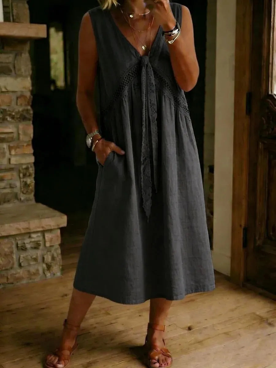 V-Neck Lace Tie Spliced Sleeveless Loose Midi Dress
