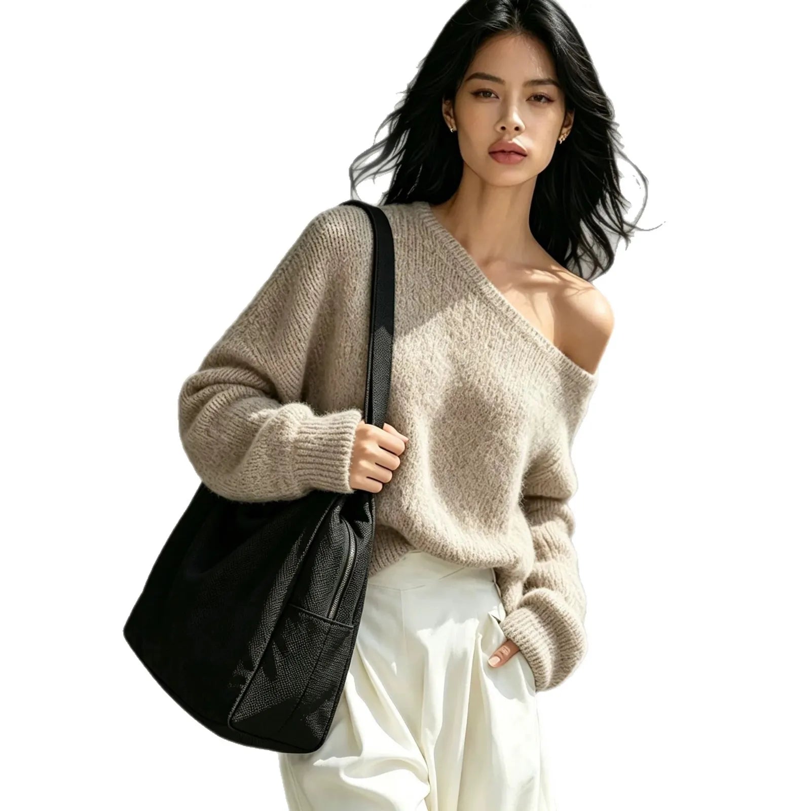 Casual Grey Off Shoulder Oversized Knit Top Loose Long Sleeve Pullover Sweater Fall Fashion