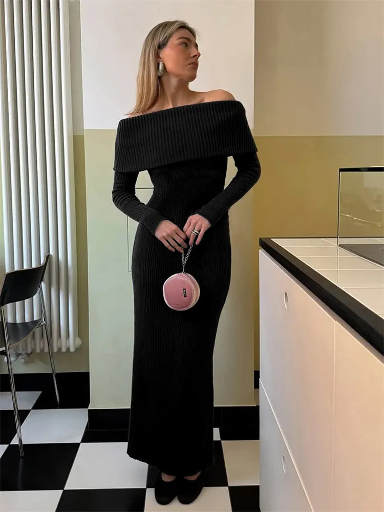 Off Shoulder Ribbed Knit Maxi Dress