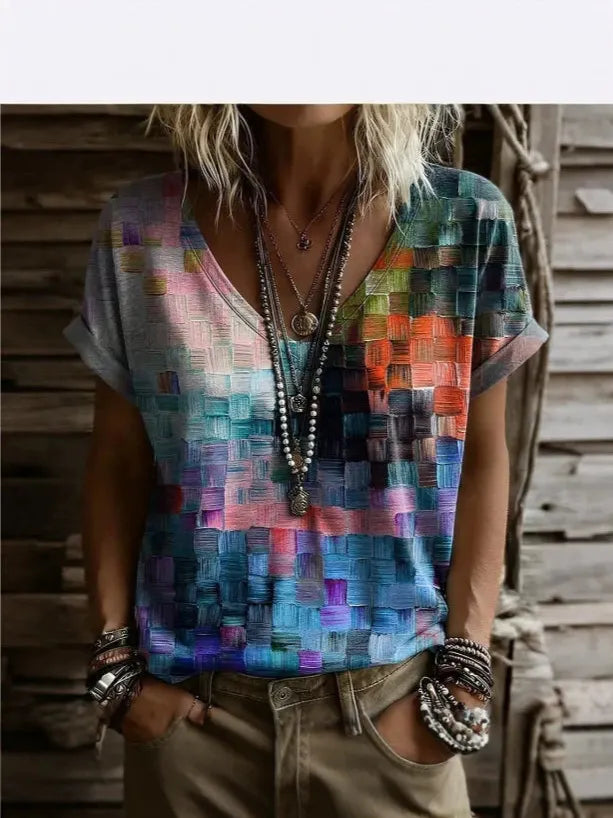 3D Color Block Print V Neck Rolled Short Sleeve Casual Tee