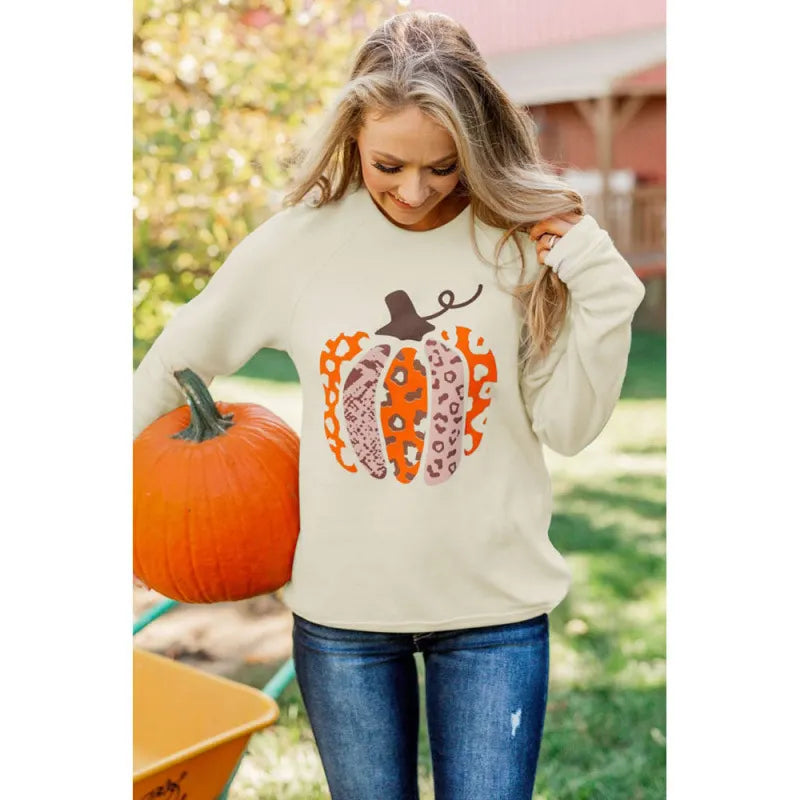 Halloween Leopard Pumpkin Print Crew Neck Sweatshirt