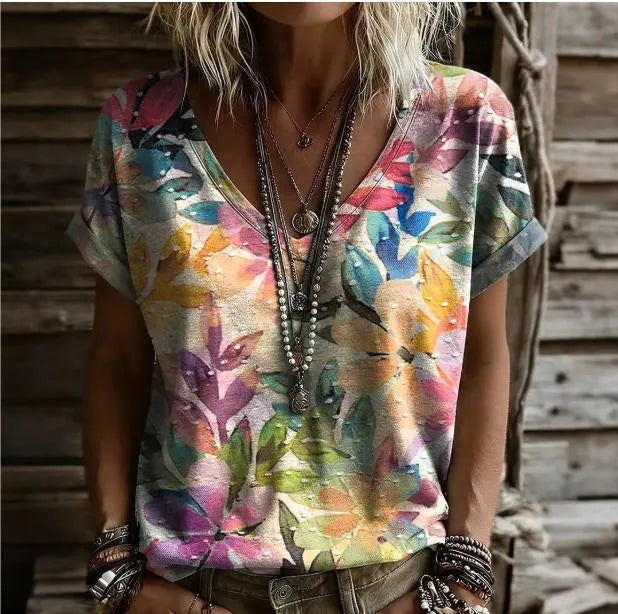 3D Color Block Print V Neck Rolled Short Sleeve Casual Tee
