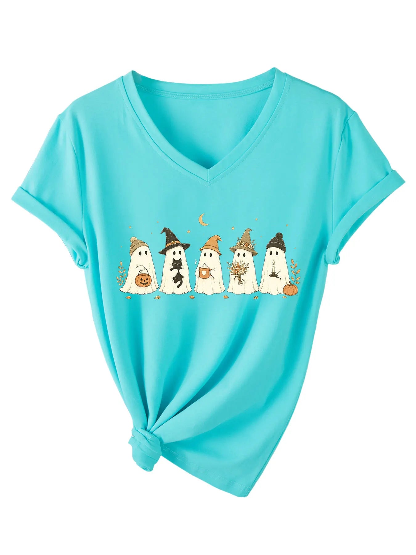 Cute Fall Ghosts Halloween V‑Neck T‑Shirt