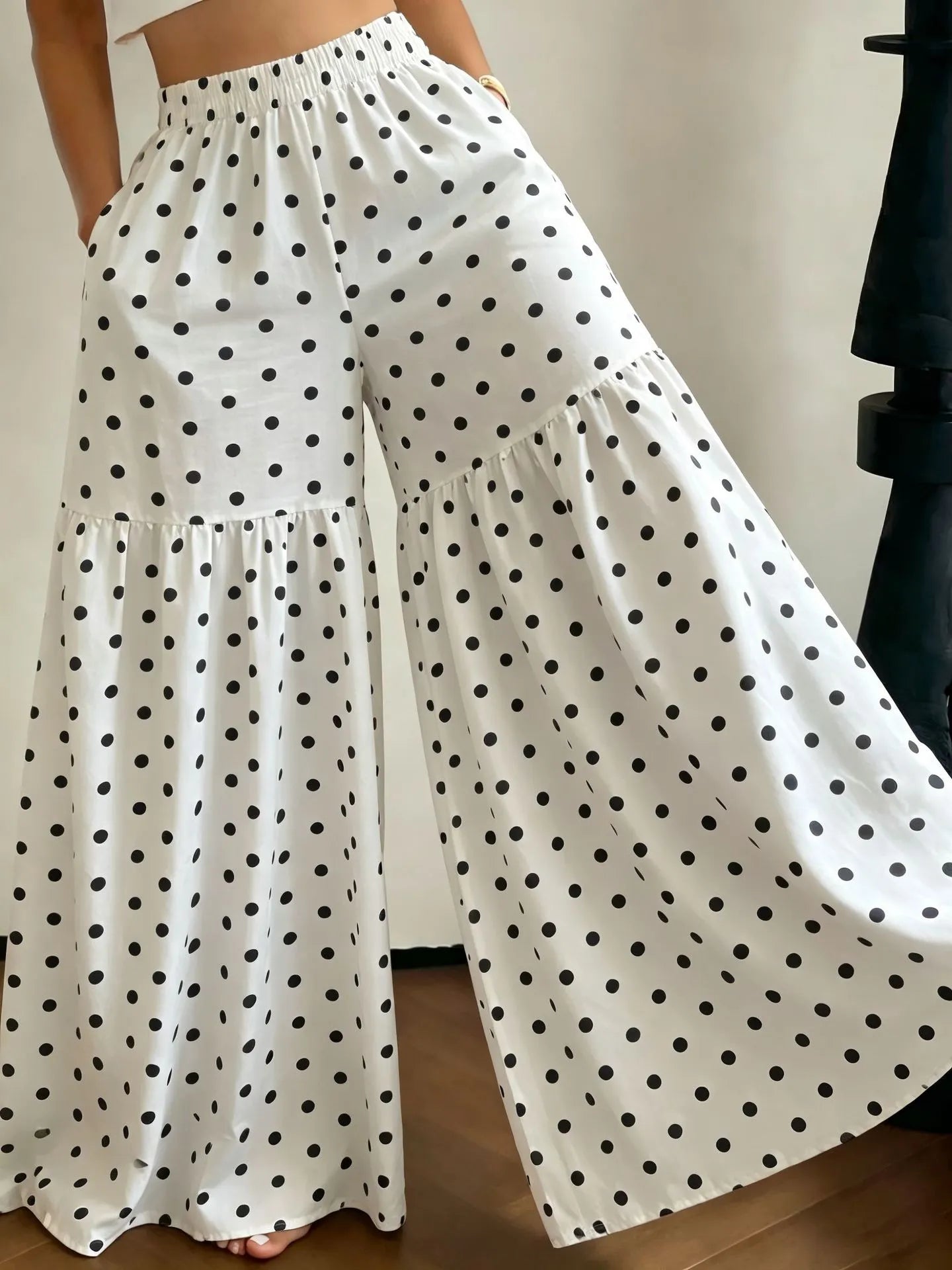 Elastic High Waist Floral Print Ruffle Wide Leg Palazzo Pants