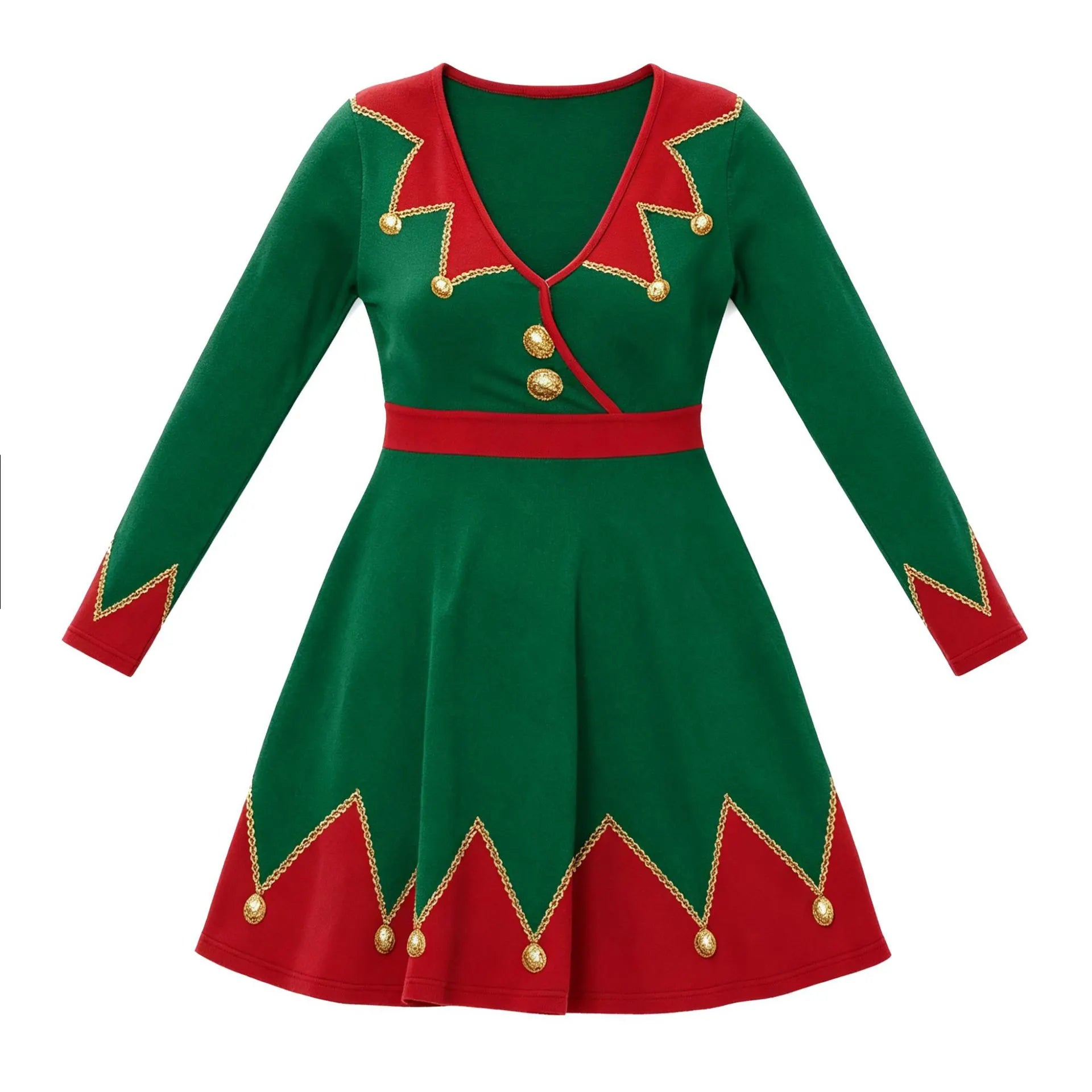 Christmas Elf V-Neck Long Sleeve Costume Dress, Holiday Party Dress