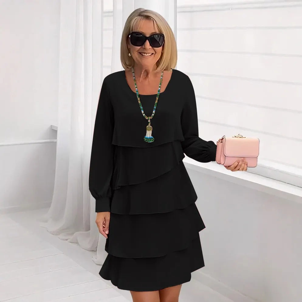 Solid Color Tiered Ruffle Long Sleeve Midi Dress