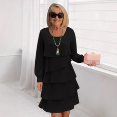 Solid Color Tiered Ruffle Long Sleeve Midi Dress
