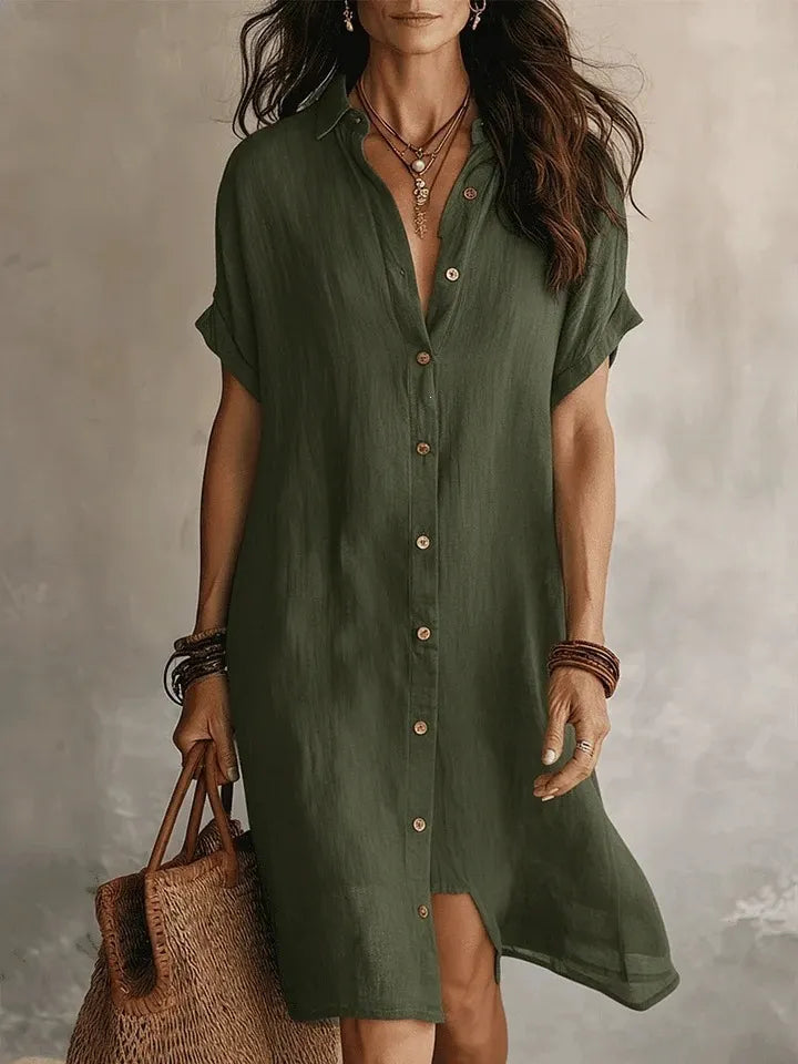 Lapel Cuff Sleeve Button Front Linen Shirt Midi Dress