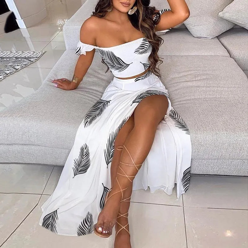 Off Shoulder Ruffle Crop Top & Floral Print High Slit Maxi Skirt 2 Piece Outfit Set
