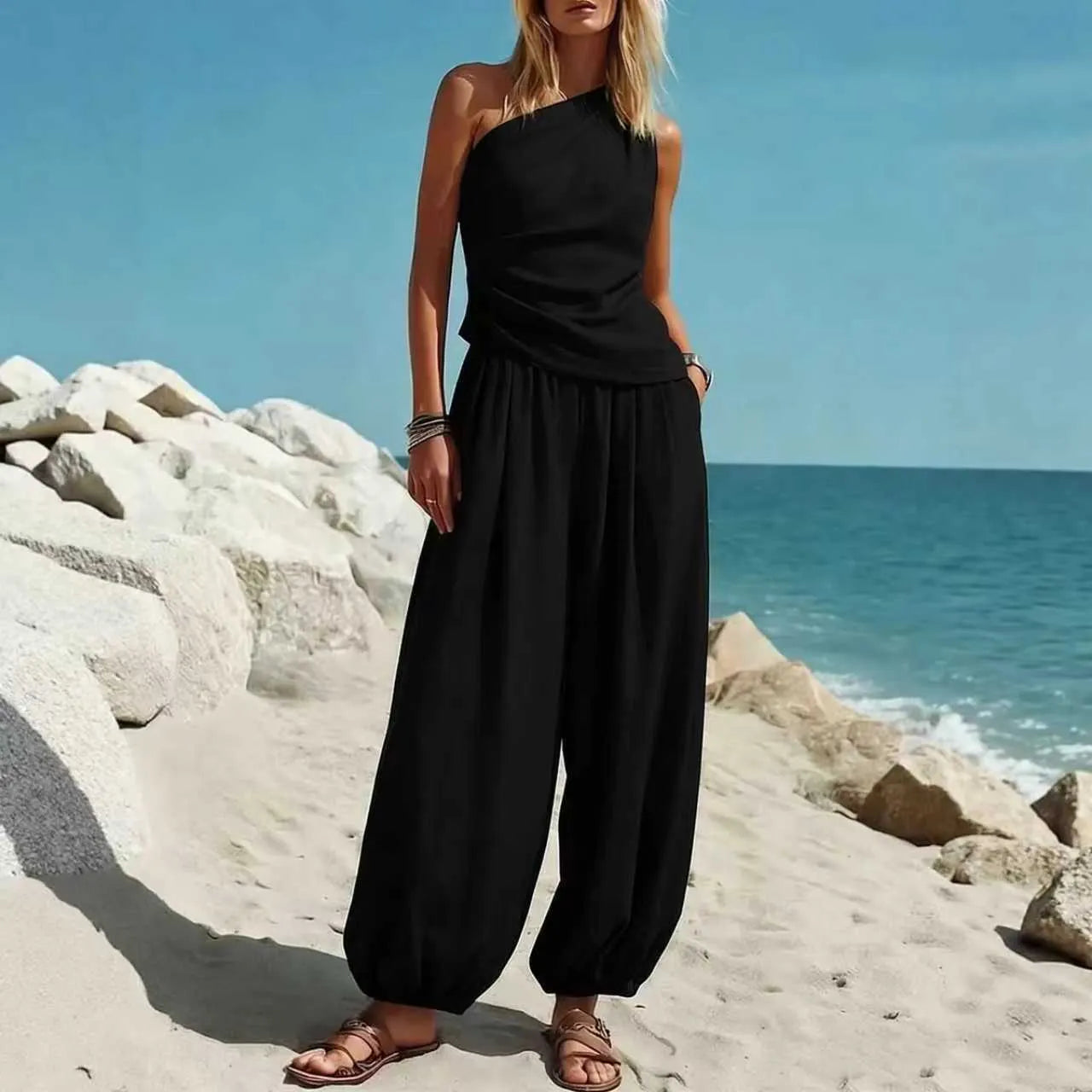 2 Piece Outfit, One Shoulder Ruched Tank Top and Loose Harem Pants Set