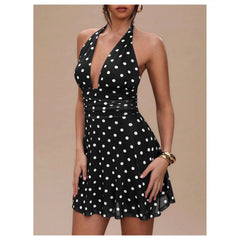 Deep V Halter Ruched Waist Polka Dot Mini Dress
