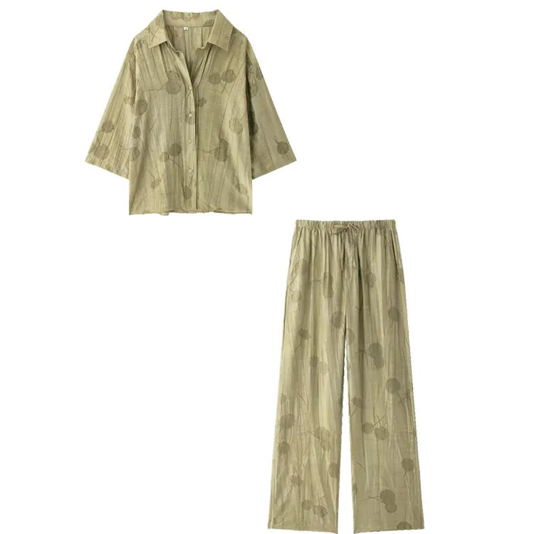 Printed Lapel 3/4 Sleeve Shirt & Wide Leg Long Pants Two Piece Casual Set
