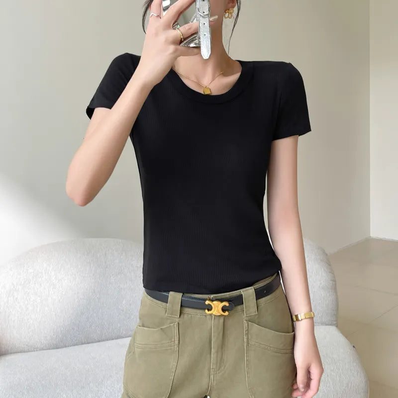Solid Color Ribbed U-Neck Short Sleeve Loose T-Shirt