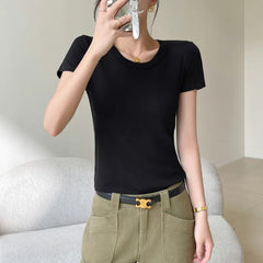 Solid Color Ribbed U-Neck Short Sleeve Loose T-Shirt