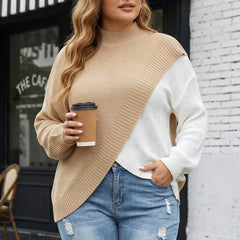 Curvy Color Block Knit Top Mock Neck Asymmetrical Hem Loose Fall c