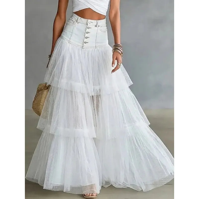 High Waist Denim Patchwork Tiered Tulle Maxi Skirt