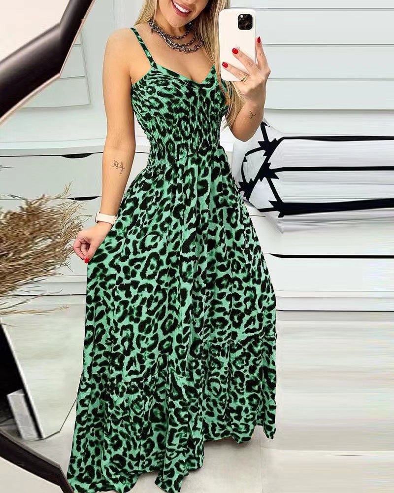 Leopard Print Smocked Waist Maxi Dress