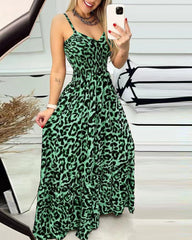 Leopard Print Smocked Waist Maxi Dress