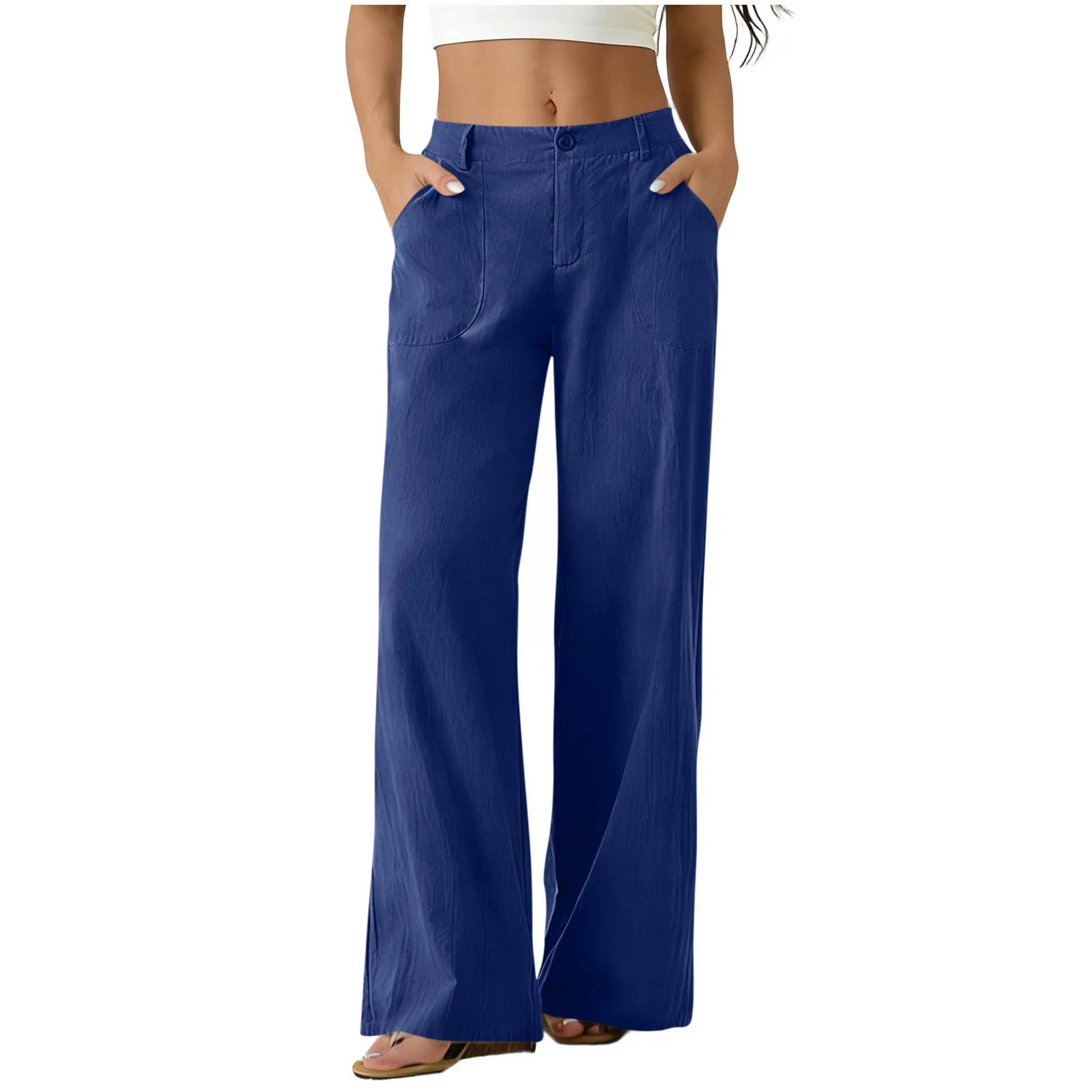Casual Mid Waist Wide Leg Cotton Linen Pants