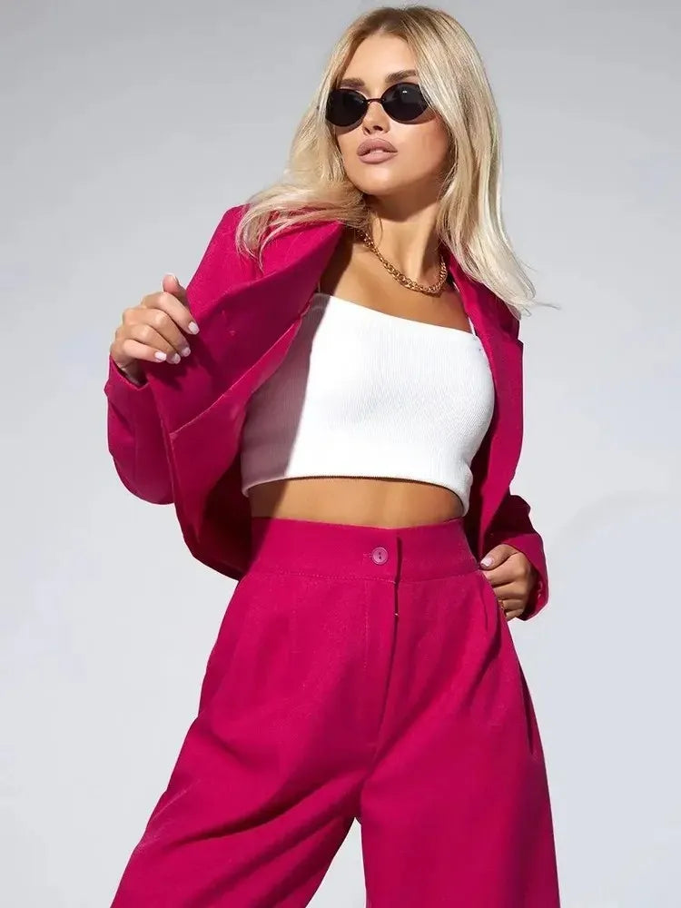 Solid Cropped Lapel Blazer & High Waist Wide Leg Pants Two Piece Suit Set